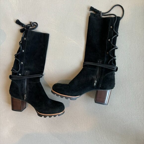SOREL FARAH BLACK SUEDE BOOTS WITH LACE UP FRINGE 7.5 - Picture 2 of 5